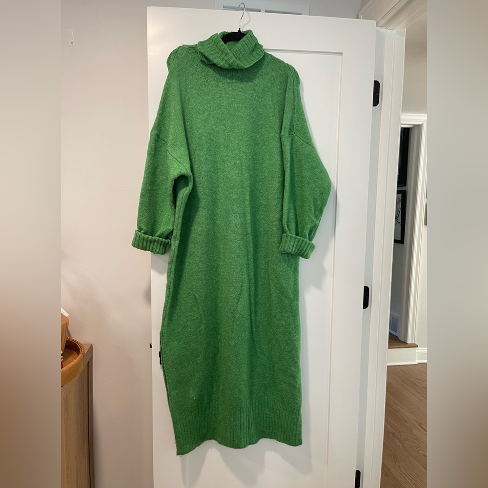 Green Long Knit Sweater Dress - Women's Cozy Turtleneck